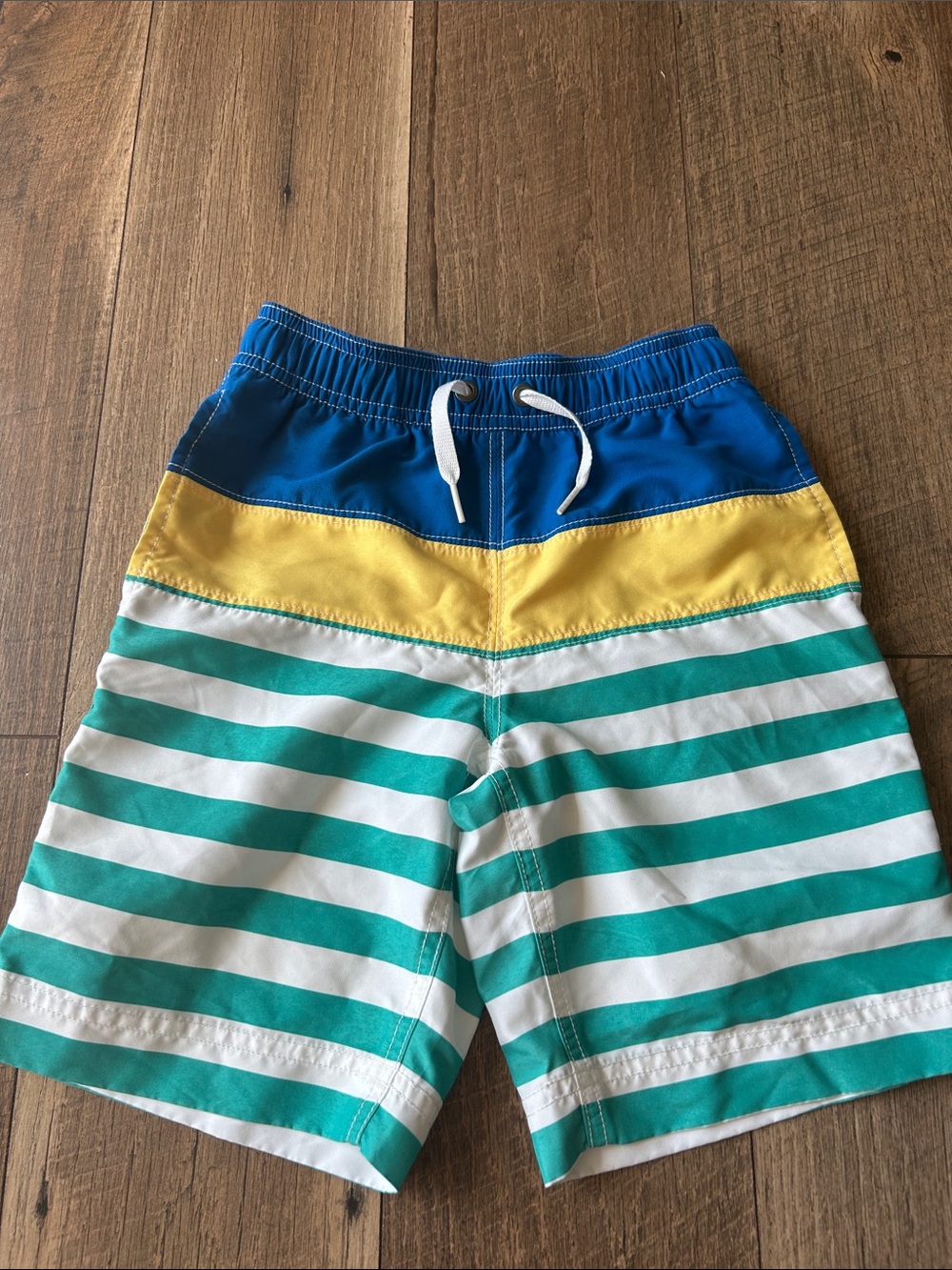 Boys Teal & White Striped Swim Trunks with Blue & Yellow Waistband